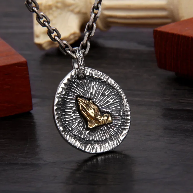 New  S925 Sterling Silver Retro Personality Irregular Hand Prayer Eye Providence Pendant Male And Female