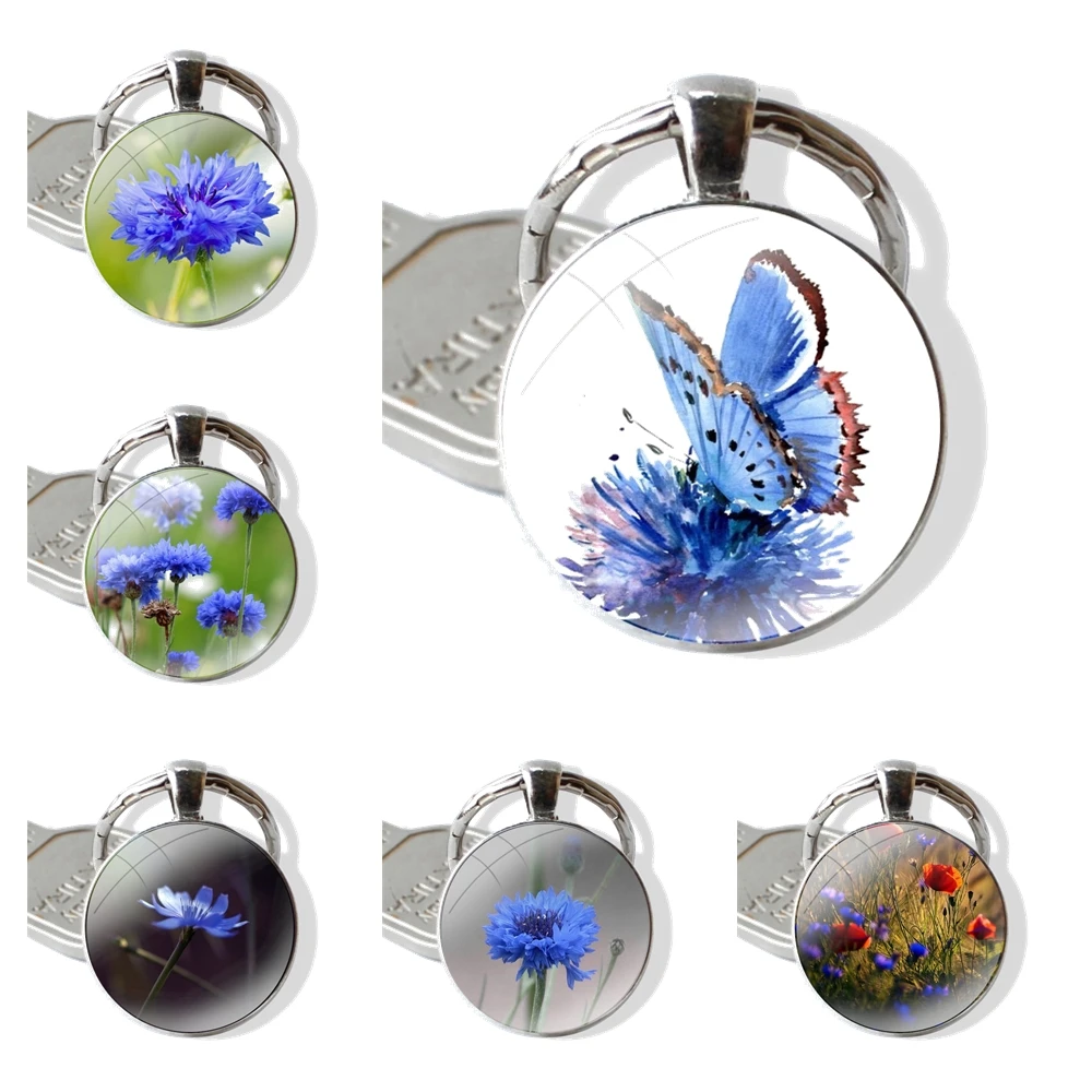 Glass Metal Pendant Key Chain Classic Men Women Key Ring Accessories Jewelry Gifts Mini Blue Cornflowers Butterfly