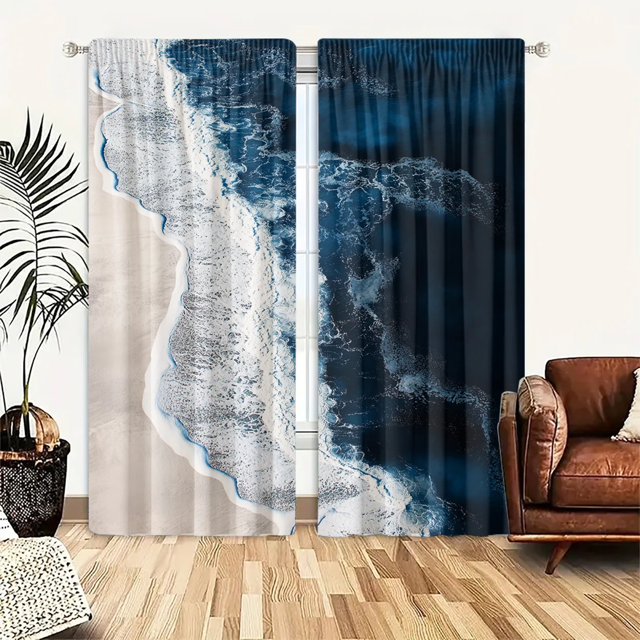 Blue Ocean Wave Beach Window Curtain 2 Panels, Seaside Foam Surf Sand Print Contrast Blue Background Elegant Home Decor Curtain