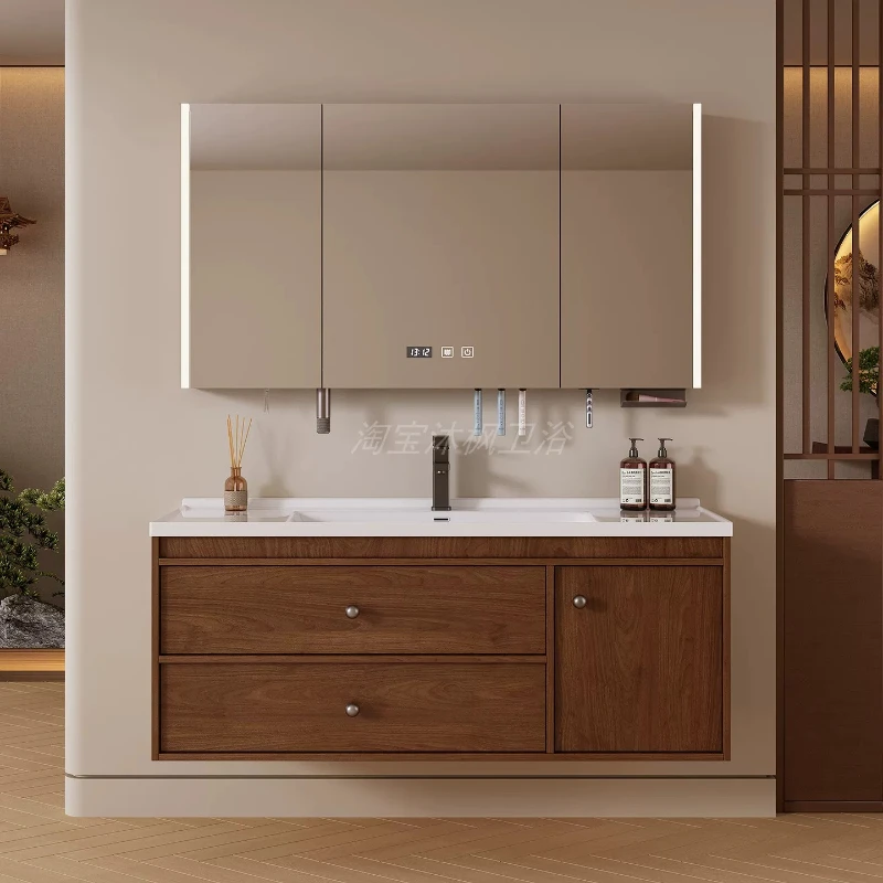 Badezimmer-Waschtisch im Mid-Century-Stil mit Walnussholzschrank, integriertem Keramikwaschbecken und LED-Smart-Spiegel für Zuhause