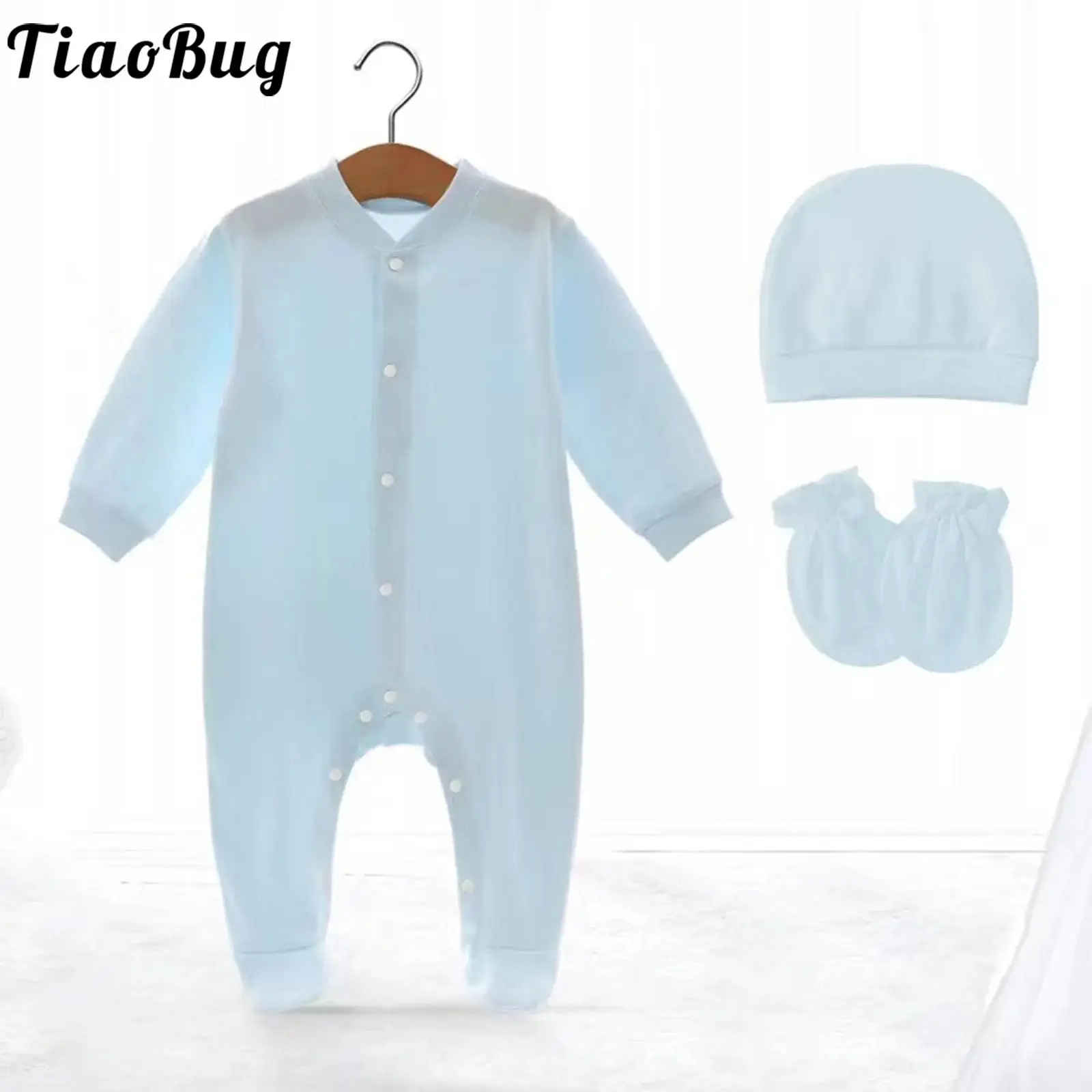 Newborn Baby Rompers Outfit Long Sleeve Press Buttons Footed Jumpsuit with Solid Hats Mittens Gloves Infant Boys Girls Clothes