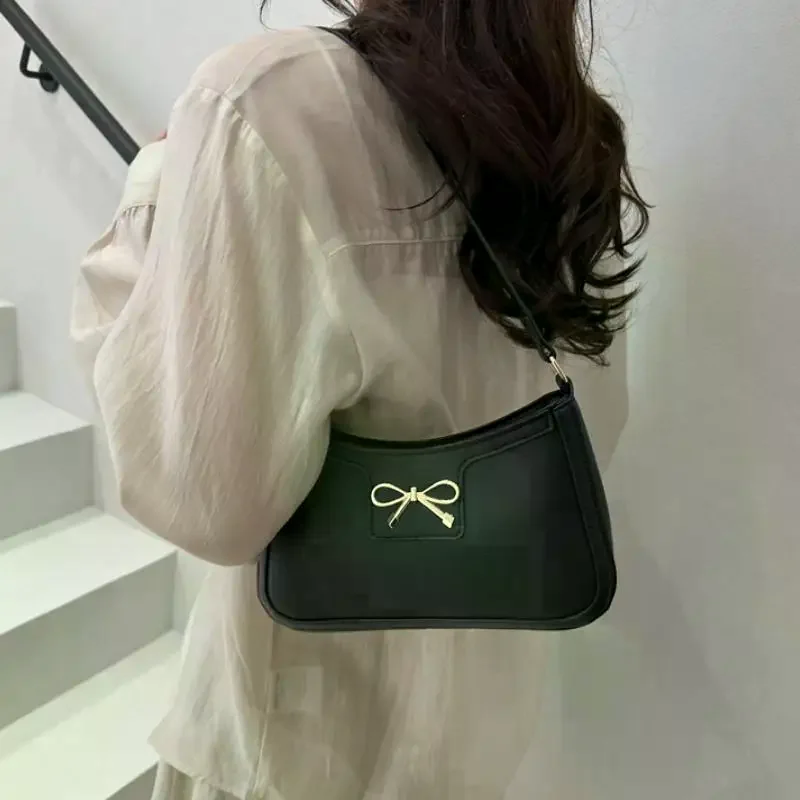 

Classic Y2K Small Purse Luxury Female Handbags Vintage PU Leather Shoulder Bags For Women Daily Ladies Underarm Bag With Bow
