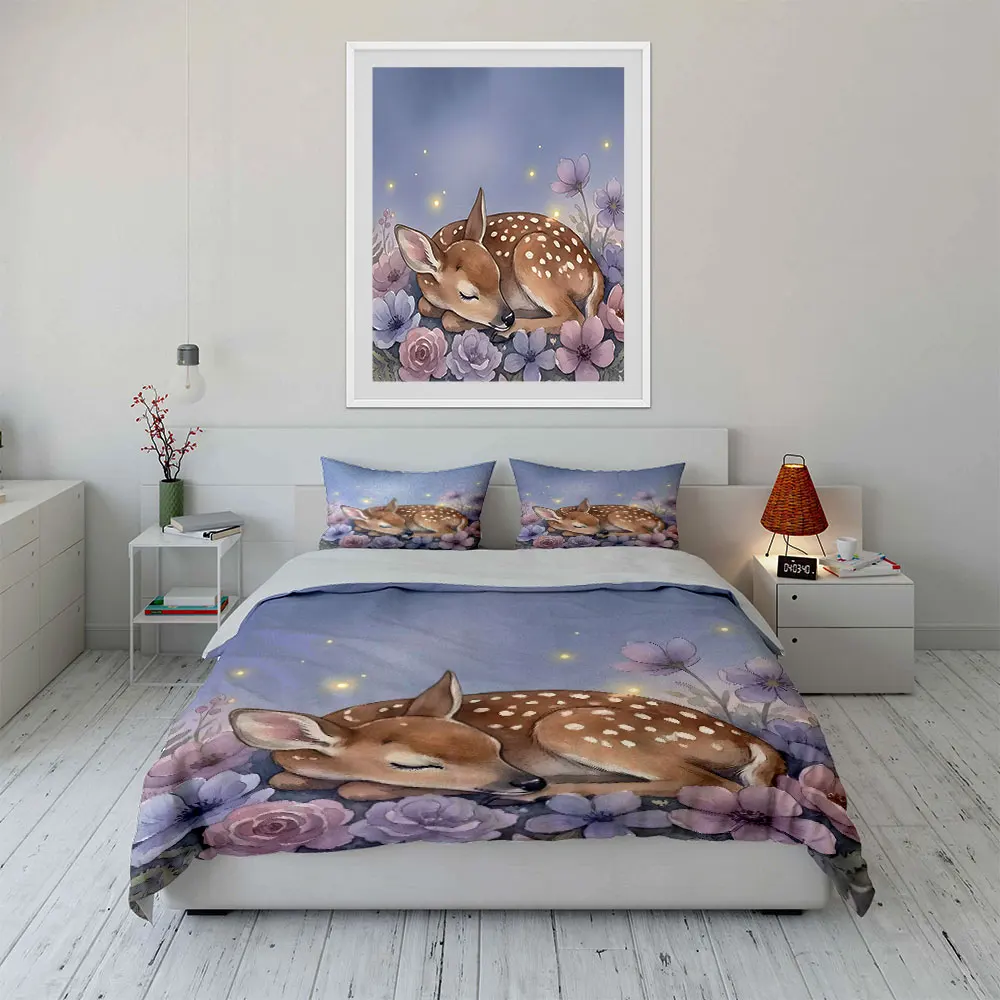 Gentle Fawn Sleeping Among Flowers Duvet Cover Set with 3D Printing Design Soft Polyester Bedding Set All-Season Comfort