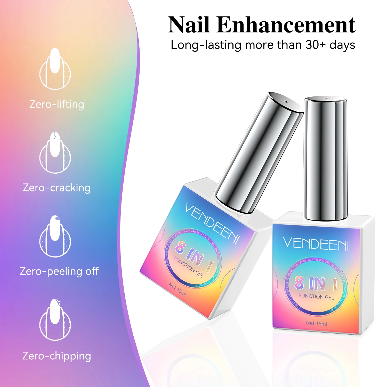 Vendeeni TPO HEMA Free 15ml 8 en 1 Gel multifuncional para uñas con diamantes de imitación, capa superior dura, Gel Base, Gel mezclador floreciente para uñas
