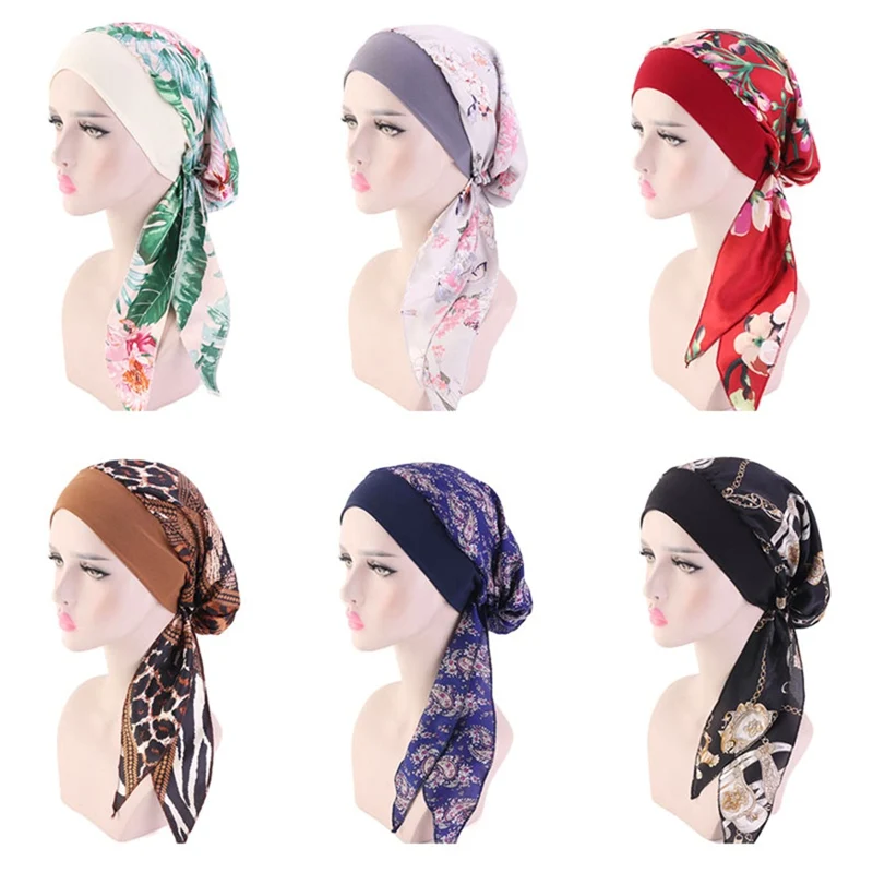 Women Chiffon Muslim Hijab Caps Flower Print Turban Islamic Ladies Head Scarf Wrap Soft Silk Turban Cap Indian Hair Bands Girls