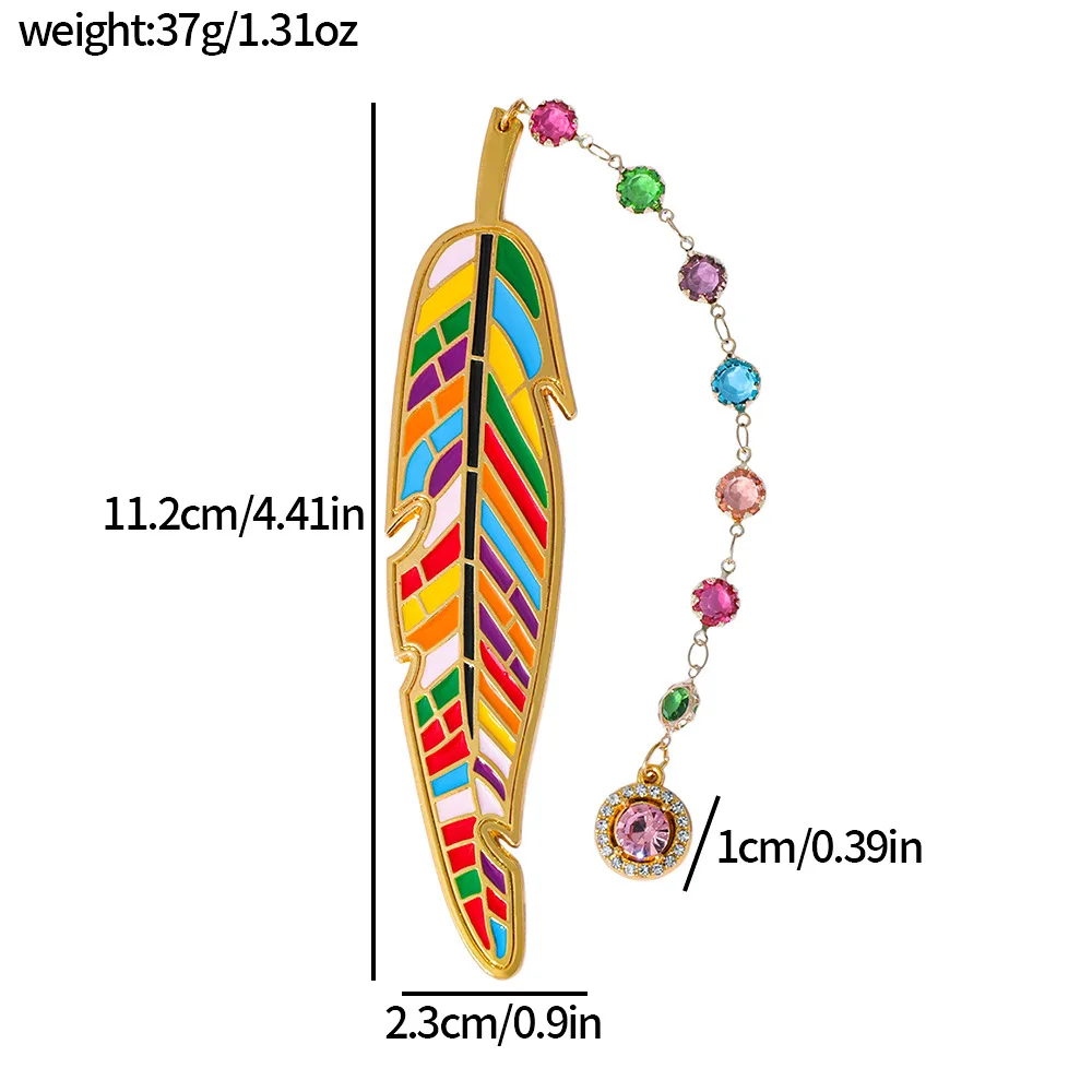 Creative Colorful Enamel Feather Metal Bookmark With Crystal Chain Pendant Page Holder Reading Accessories Stationery