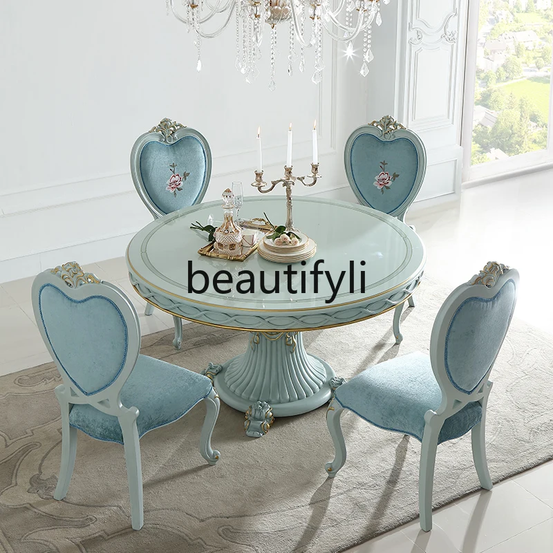 

French pastoral 1.38M round dining table and chair combination small apartment carved non-solid wood customization