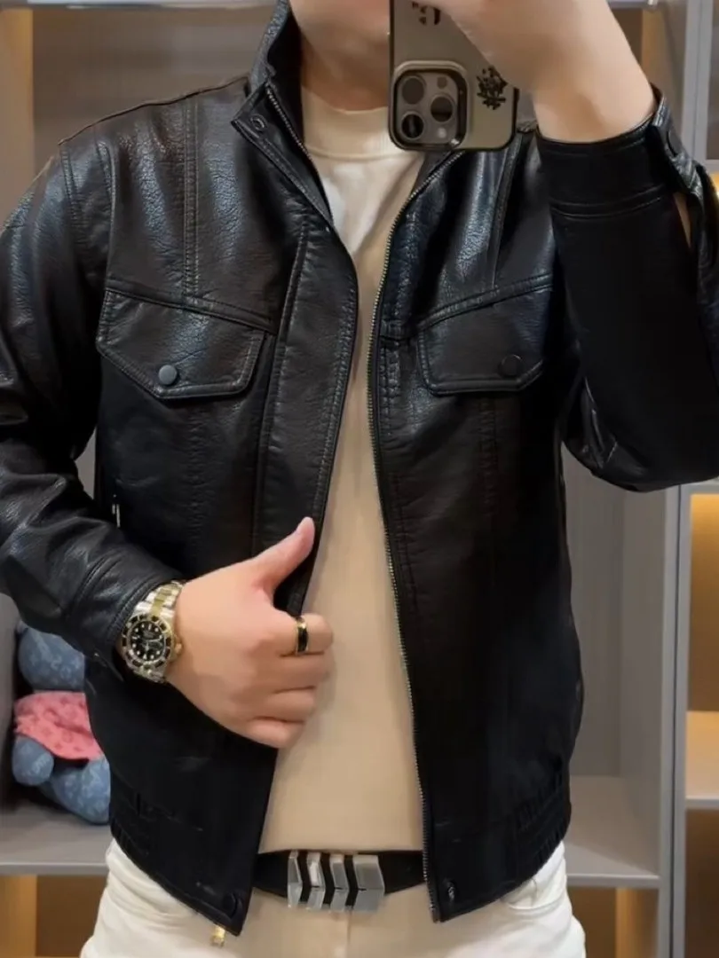 

Men's ort Stand Collar Fce Lined Leather Jaet Warm Winter Coat Anti-Cold Trendy Straight Fit Regular Sve Long Zipper
