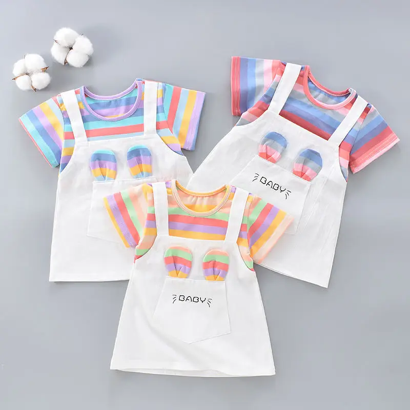 1-5Y Baby Girl Dress Colorful Striped Cute Toddler Princess Dress Cotton Children Clothing Short Sleeve Kid Girl Outfit A1134