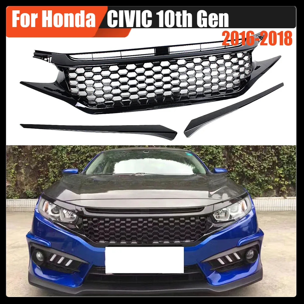 

Front Bumper Hood Mesh Racing Grill Grills ABS Glossy Black Grille With 2 Eyebrows For Trims For Honda CIVIC 10th Gen 2016-2018