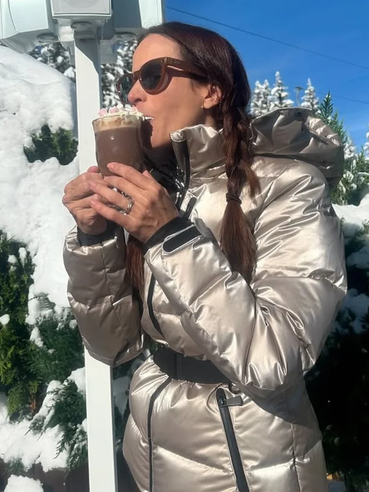 

Glossy Silver Hooded Cotton Coat Women Casual Full Sleeve Stand Collar Zipper Belted Puffer Jacket Lady Winter Daily Outerwear