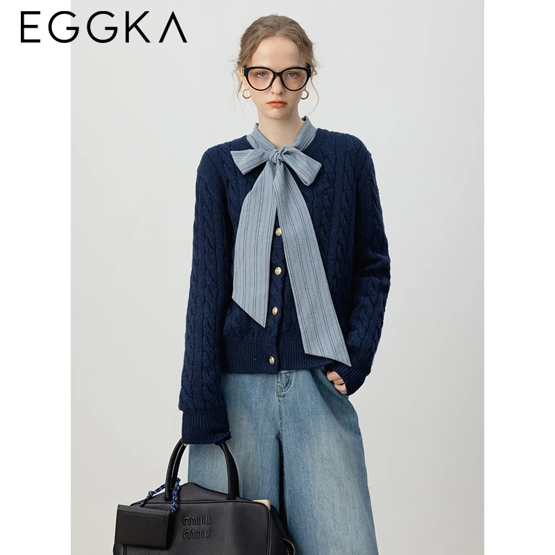 EGGKA Bow Bandage Striped Blouse Women\'s Autumn Casual Shirts Commuter Long-sleeve Shirt Korean Fashion OL Blue Blouse Camisas