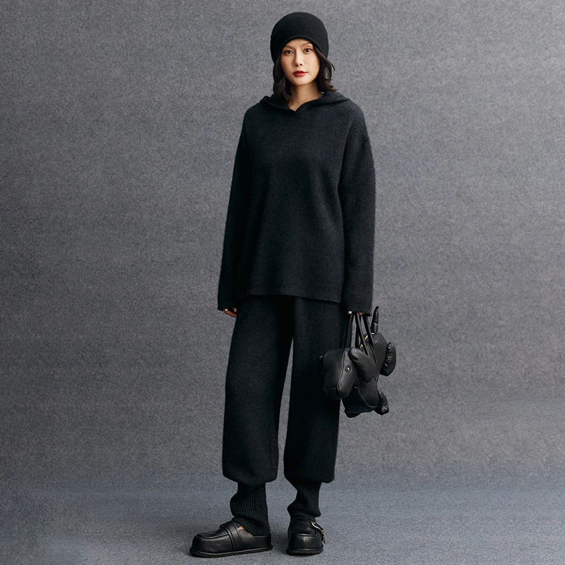 Pullover con cappuccio Pantaloni con risvolto Set completo da donna 100% cashmere Set moda casual Maglione Autunno Inverno Set morbido e confortevole in maglia