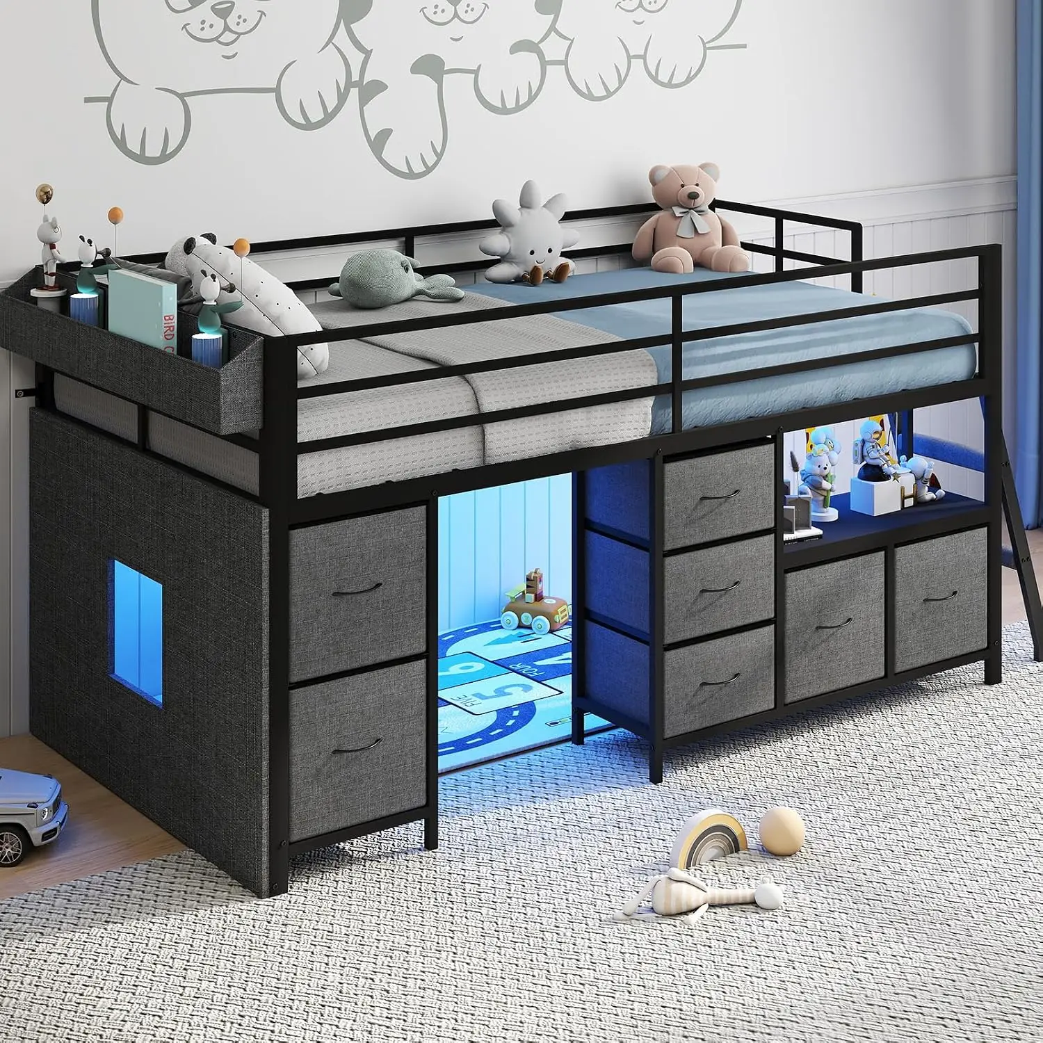 Low Loft Bed Twin Size with 7 Storage Drawers for Kids, Grey | Bookcase, LED Lights, 14