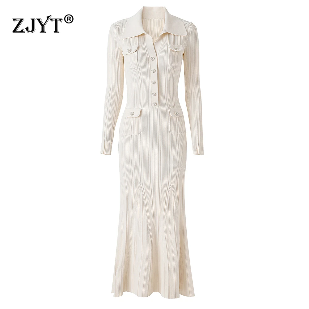

ZJYT New 2025 Autumn Winter Women Long Mermaid Knitting Sweater Dresses Elegant Full Sleeve Turn Down Collar Slim Party Dress