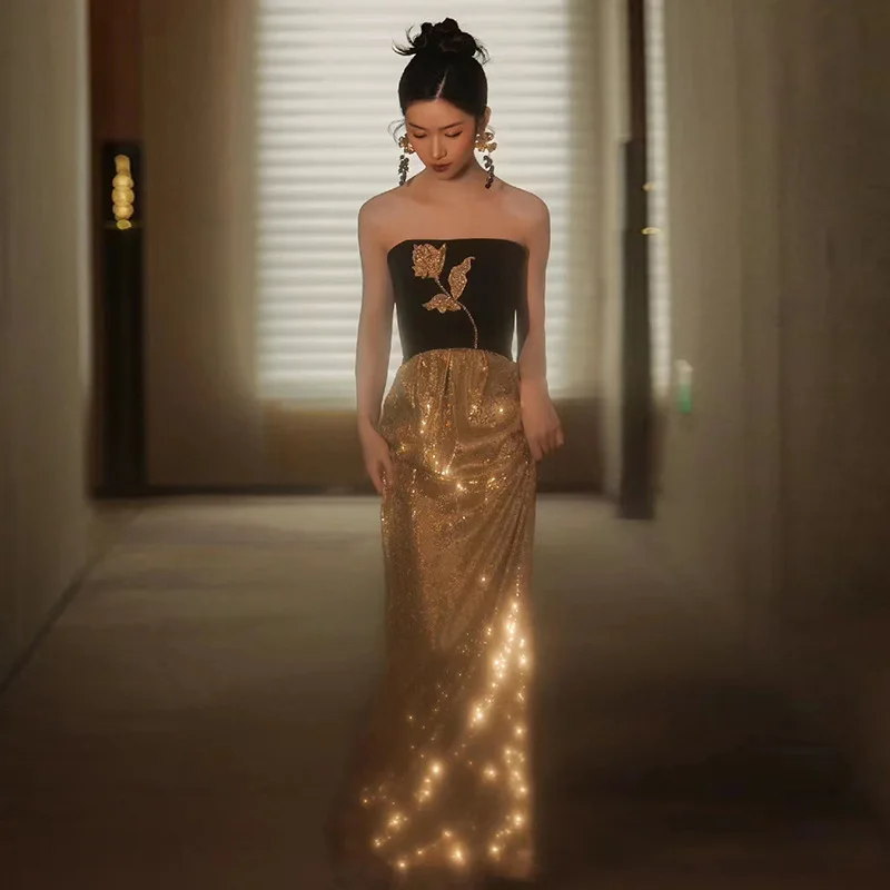 Avondjurk 2025 Tube Top Temperament Bar Mitswa Verjaardagsfeestje Jurk Zwart en Goud Fijne Flash Formele Jurk Vrouwen Elegant
