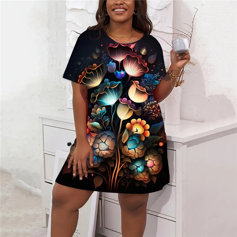 Tie Dye Painted 3D Print Gradient Dress For Women Streetwear Casual Short Sleeve Summer Fashion O-Neck Dress Sundress Plus Size