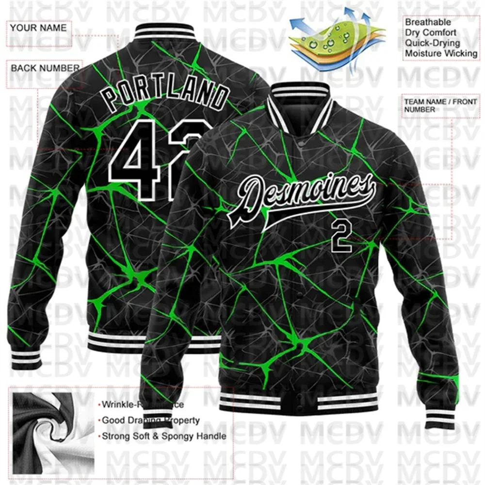 Benutzer definierte schwarze neongrün 3d Muster Design Bomber Full-Snap Uni Letterman Jacke