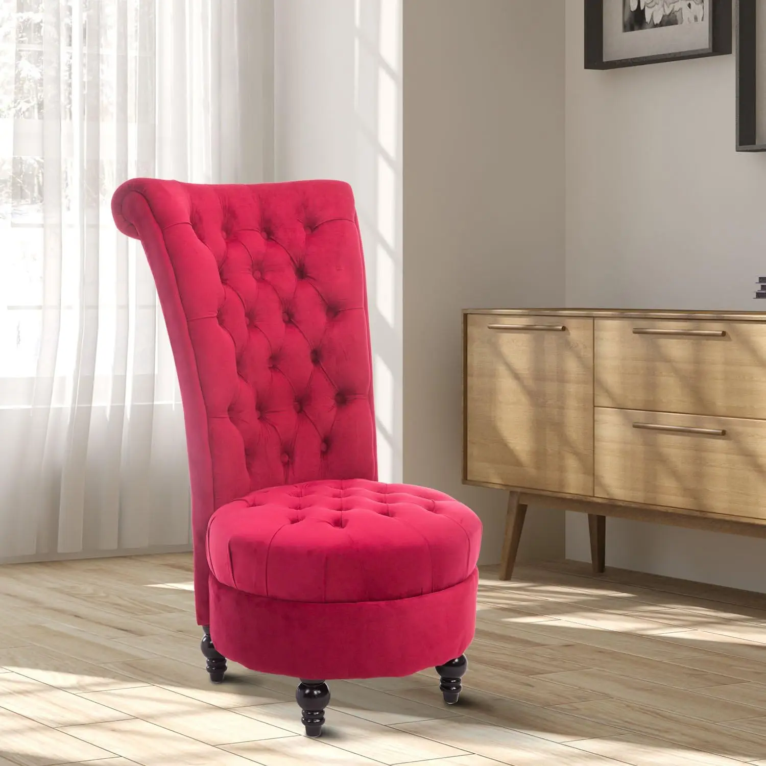 High Back Accent Chair, Upholstered Armless Chair, Retro Button-Tufted Royal Design with Thick Padding and Rubberwood Leg