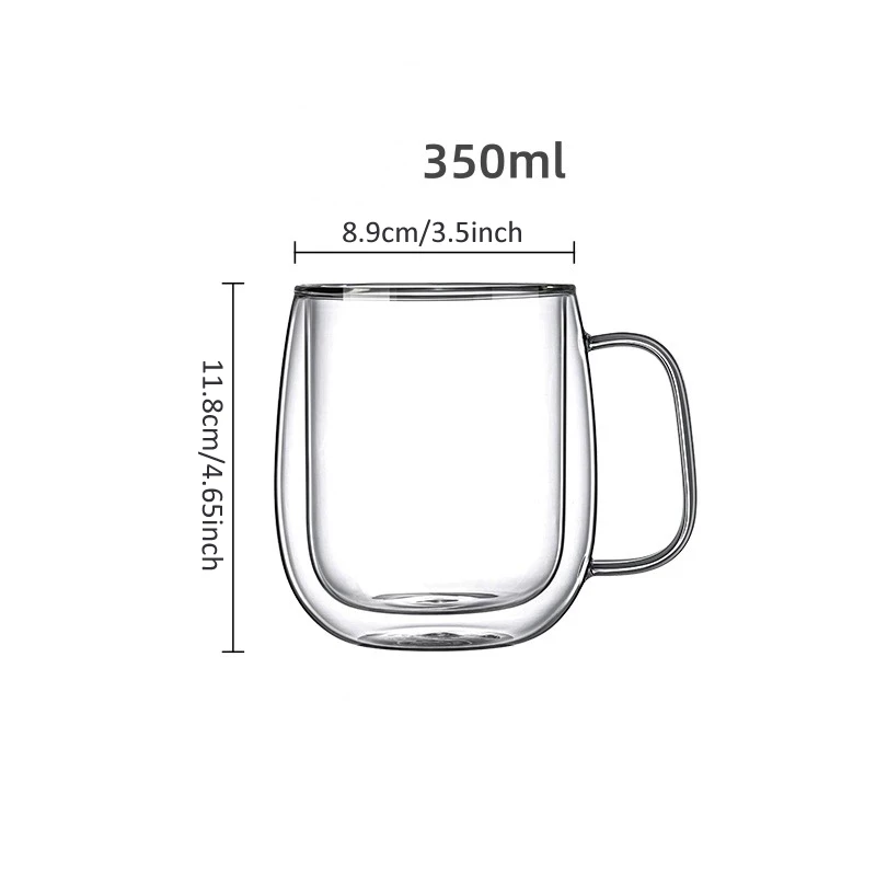 แก้วน้ำสองชั้นขนาด 350 มล. พร้อมหูจับ สำหรับชา เบียร์ กาแฟ นม น้ำมะนาว แก้วใสสำหรับเครื่องดื่มเย็น