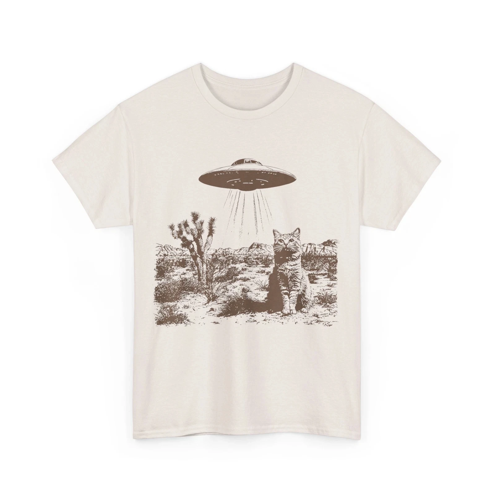 Desert Cat UFO T-Shirt Men Summer Vintage Alien Abduction Graphic Short Sleeve Streetwear Loose Fit Funny Sci-Fi Fan Tee