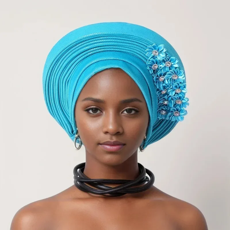 

Elegant African Wedding Party Evening Hats for Women Summer Autumn Africa Solid Color Flowers Headtie African Turbans for Women