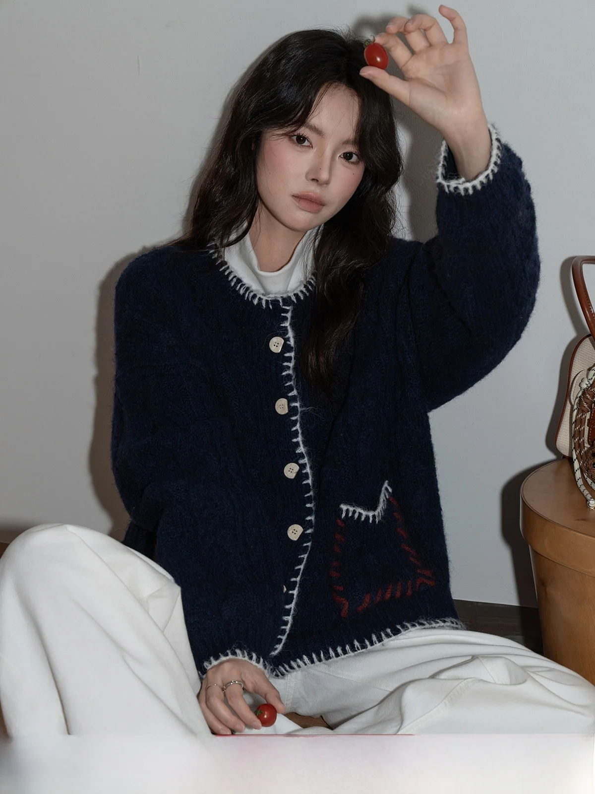 

Новый женский весенний повседневный свободный кардиган-свитер с круглым вырезом, темно-синий, теплый, для комфортного ношения