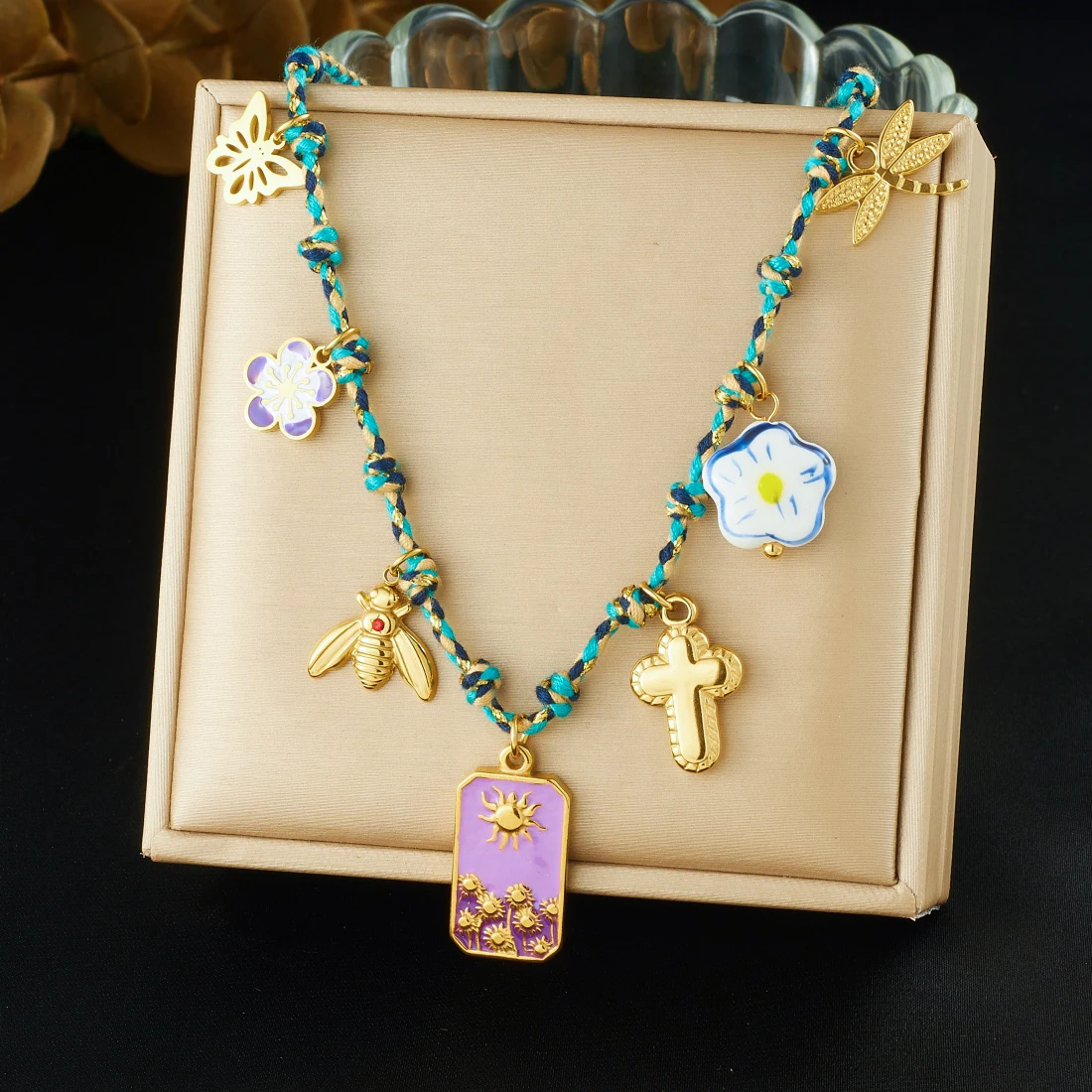 XIYANIKE 316L الفولاذ المقاوم للصدأ الحشرات اليعسوب فراشة النحل زهرة الصليب قلادة قلادة المرأة العصرية الملونة حبل سلسلة عنق #5