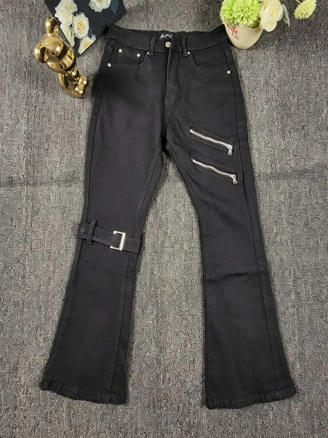 American High Street Black Micro Flared Jeans Autumn Casual Fashion Vintage Y2k Zipper Strap Design Men Slim Denim Pants