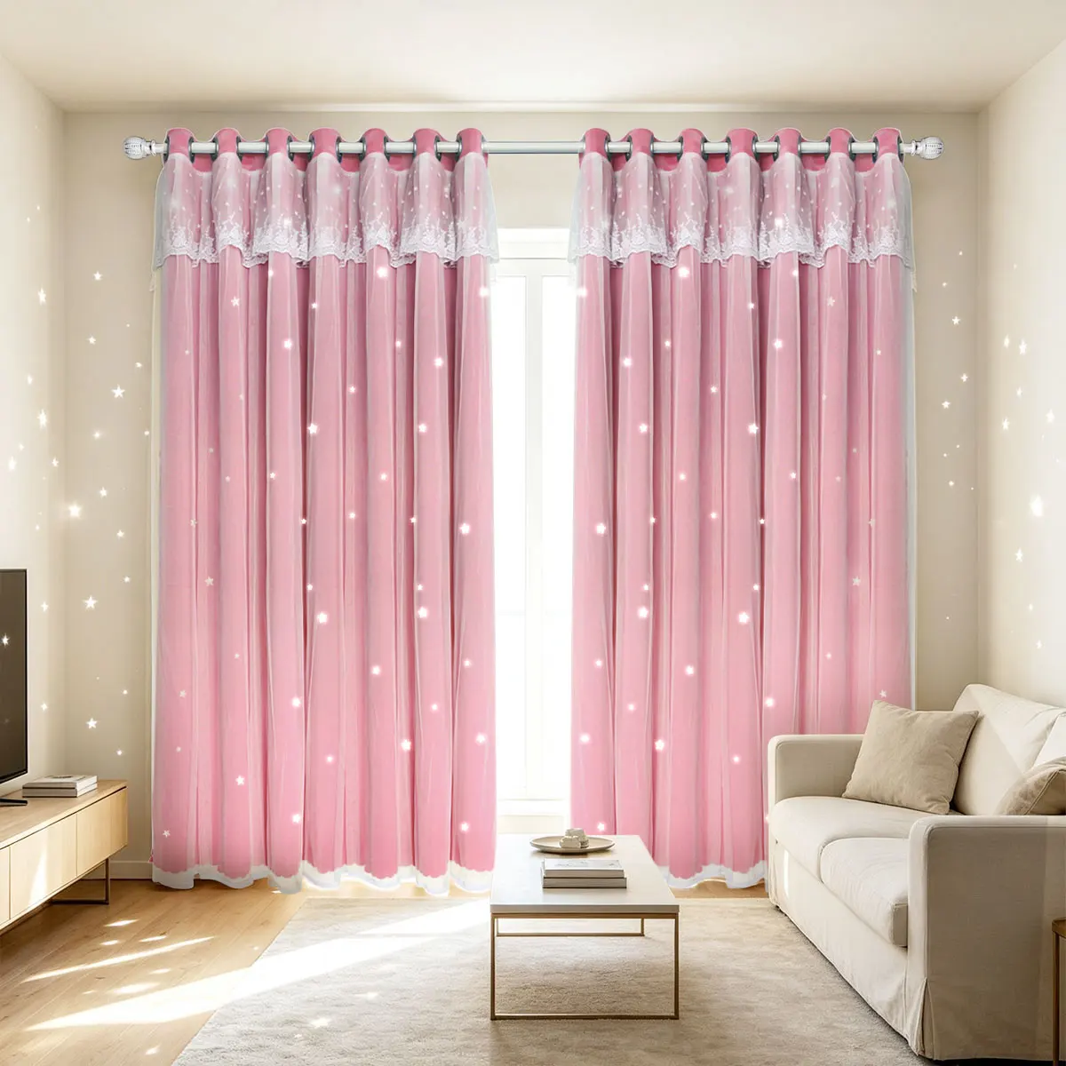 2Pcs Pink Double Layer Star Hollow Grommet Curtains, Lace Sheer Drape, Girls Floor Window Curtain For Bedroom