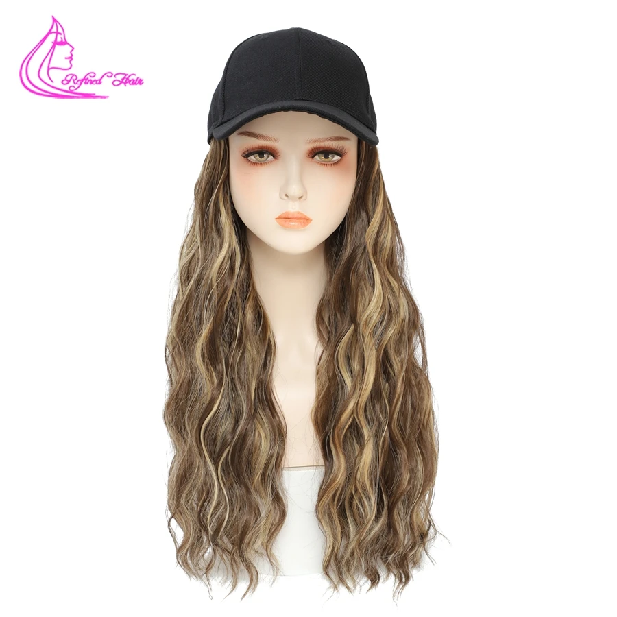 Synthetic Wavy Wig Baseball Cap With Natural Wave Hair Extensions Black White Hat Wigs for Women Girls Black Brown Blonde color