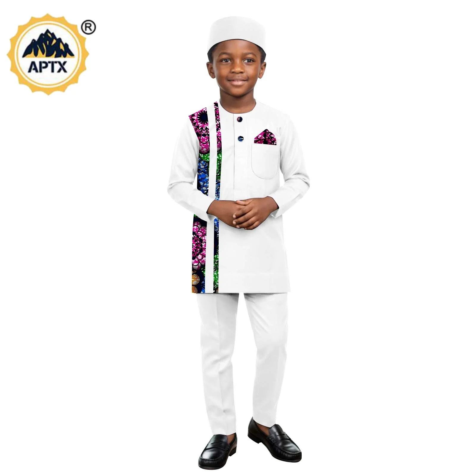 African Clothes for Children Boy Suits Dashiki Stand Jacket Button Bright Silk Top and Pant Sets Bazin Riche Kid Outfits 2446050