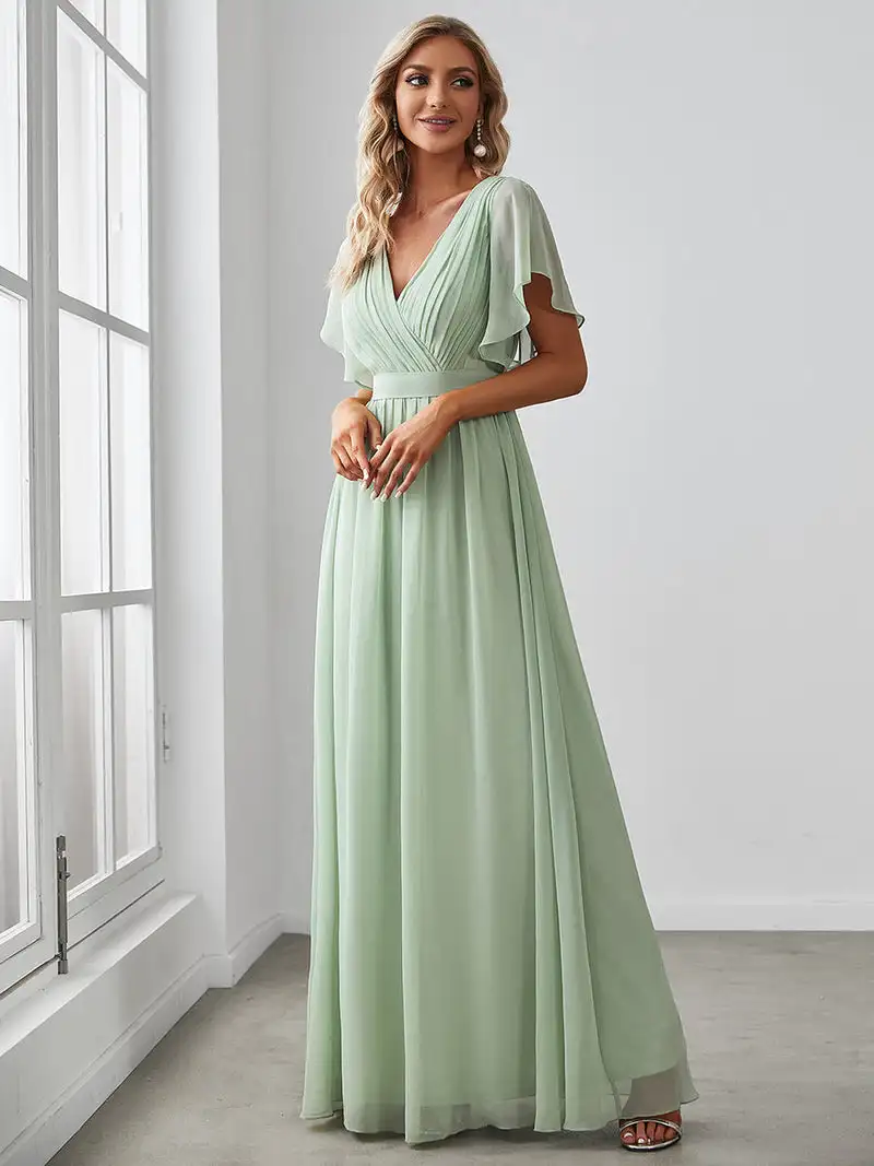 Vestido de noche elegante para mujer, de gasa con traje largo cuello en V, manga corta, color verde menta, 2024