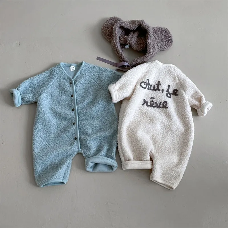 

2025 Winter New Baby Long Sleeve Lamb Fleece Romper Infant Boy Girl Solid Casual Jumpsuit Plus Velvet Thick Toddler Warm Clothes