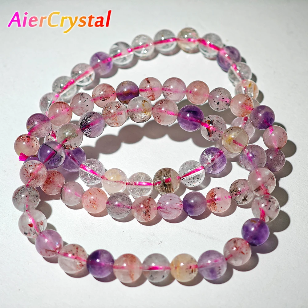 7-9mm Natural super seven raw stone crystal stone bead bracelet Lavender Reiki healing spiritual energy elastic rope love symbol