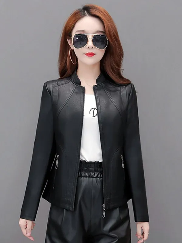 

Spring 2025 Women's ort Leather Jaet Real Leather Stand Collar Slim Fit Korean Sle eepskin Coat Faionable Outerwear