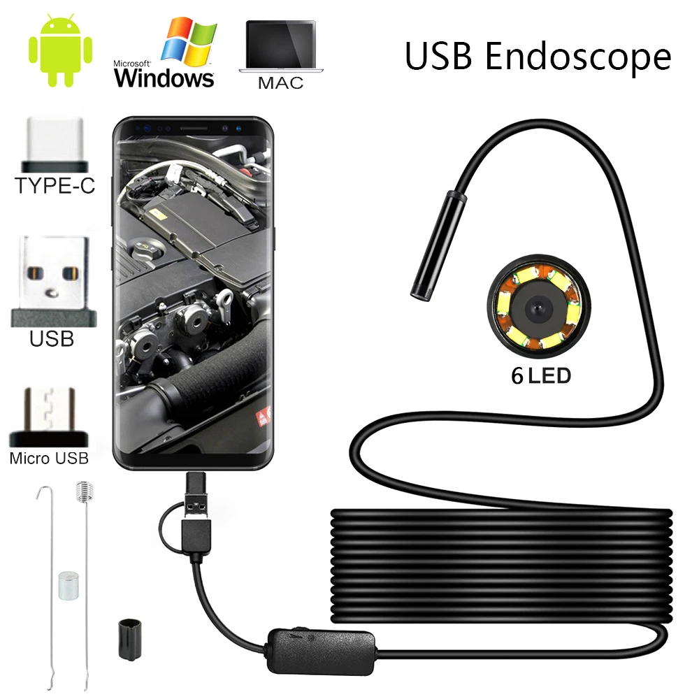 TIPO C USB Mini Endoscopio Macchina Fotografica 1m/2m/3.5m/5m 5.5mm Telefono Android OTG Cavo Duro Flessibile Serpente Periscopio Macchina