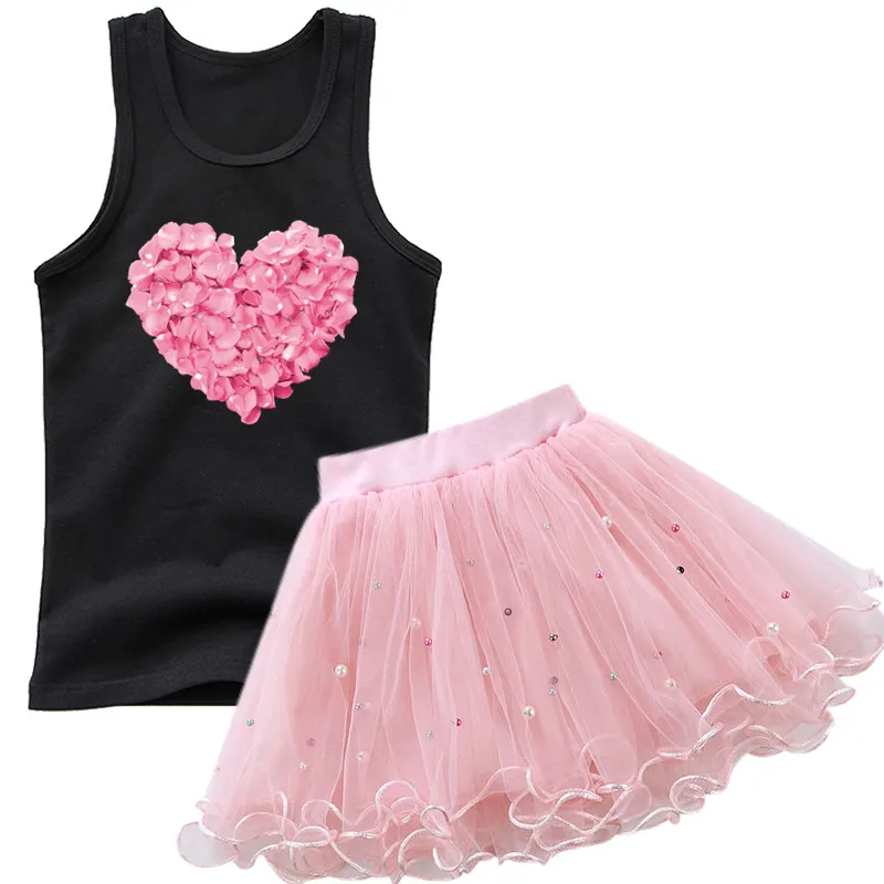 Girls Fashion Vest Suit Kids Flower Heart Print Tank Top and TUTU Skirt Set Sleeveless T-shirt Daily Wear Outfit