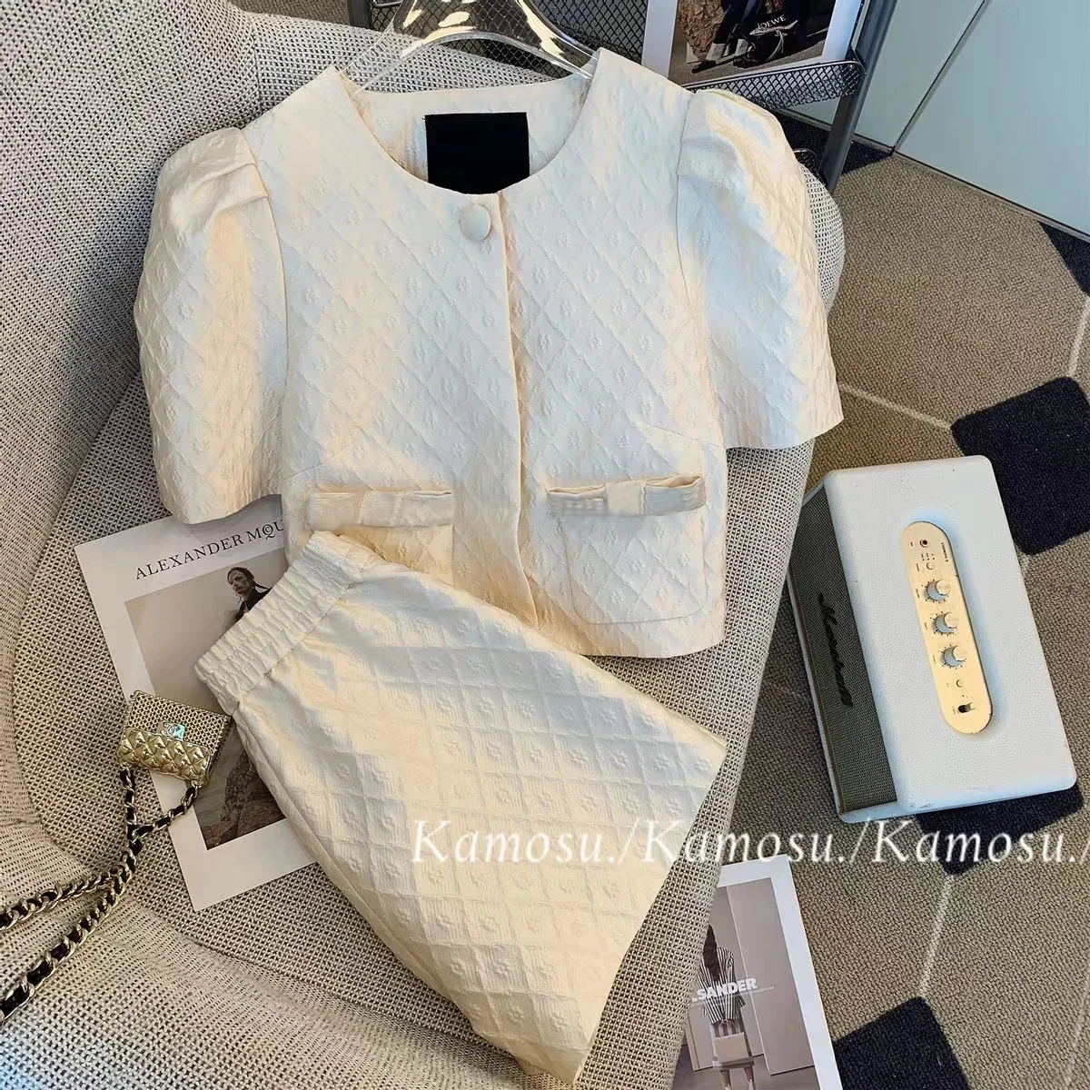 Women 2024 Summer Outfits Top and Shorts Two Piece Set New Matching White Suit Jacquard Fashion Korea Y2k Party Clothing