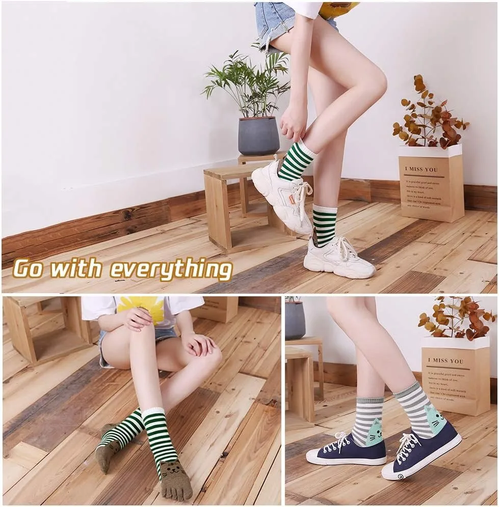 5 Pairs Cute Toe Socks Women Girl Cotton Striped Bright Color Young Casual Fashion Five Finger Socks Ankle Sock