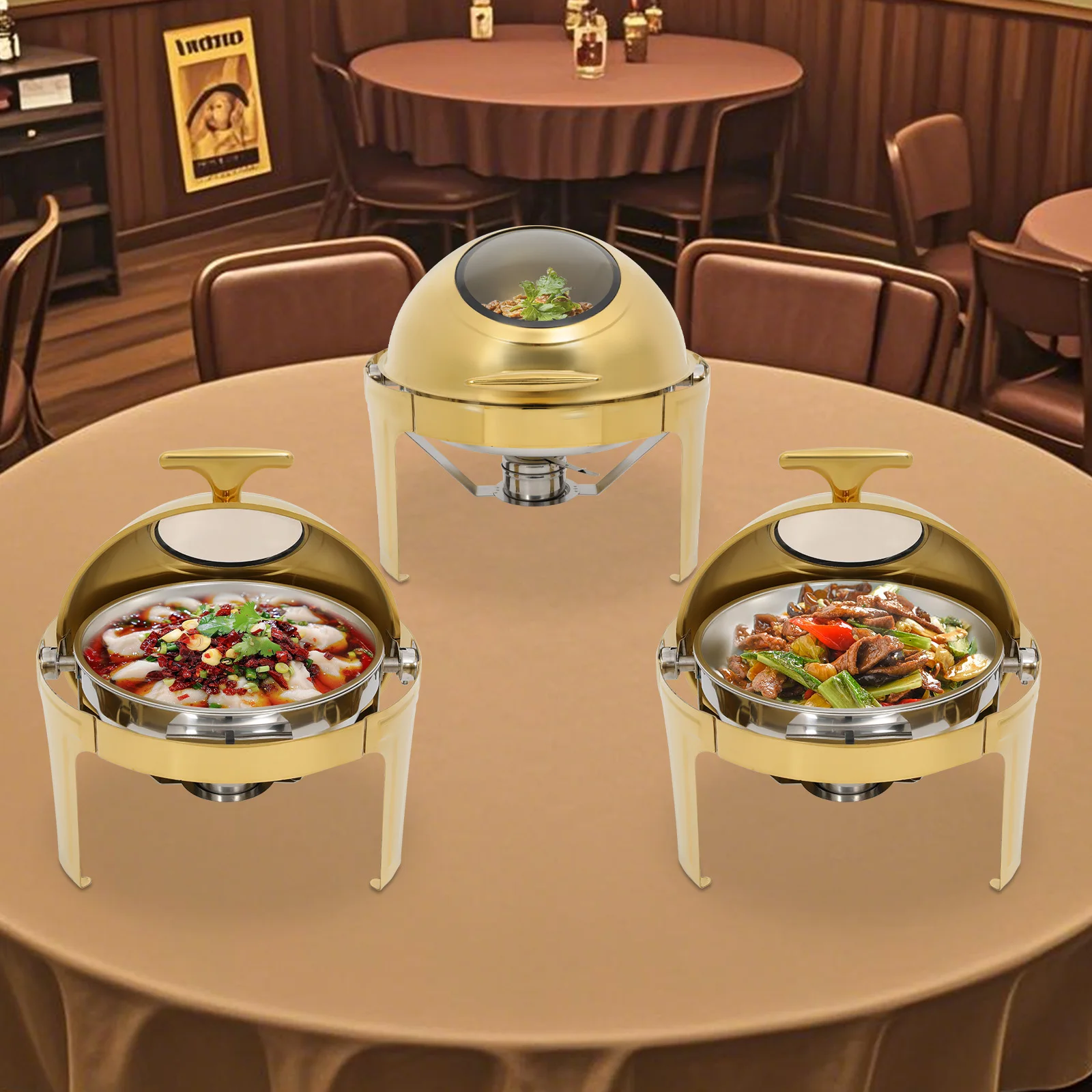 

3PCS 6L Chafing Dish Buffet Set, Stainless Steel Buffet Warmer Chafers and Warmers Sets, Gold Round Chafer for Catering