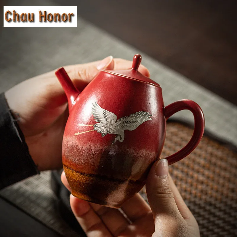 160ml Kiln Change Stone Red Glaze Rui Crane Ceramics Teapot Handmade Household Coarse Pottery Kungfu Teaset Ball Hole Filtration