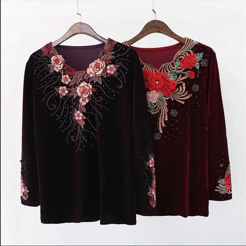 Gold Velvet Embroidery T-Shirt Tops 6XL Big Size Middle-Aged Elderly Women's Bottoming Shirt 2023 Spring Autumn Blous Coat 2023