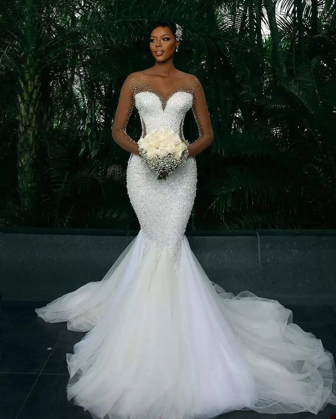 Sexy Mermaid Wedding Dresses Bridal Gowns Plus Size Illusion Full Beading Long Sleeves Beaded Wedding Gown for African Black