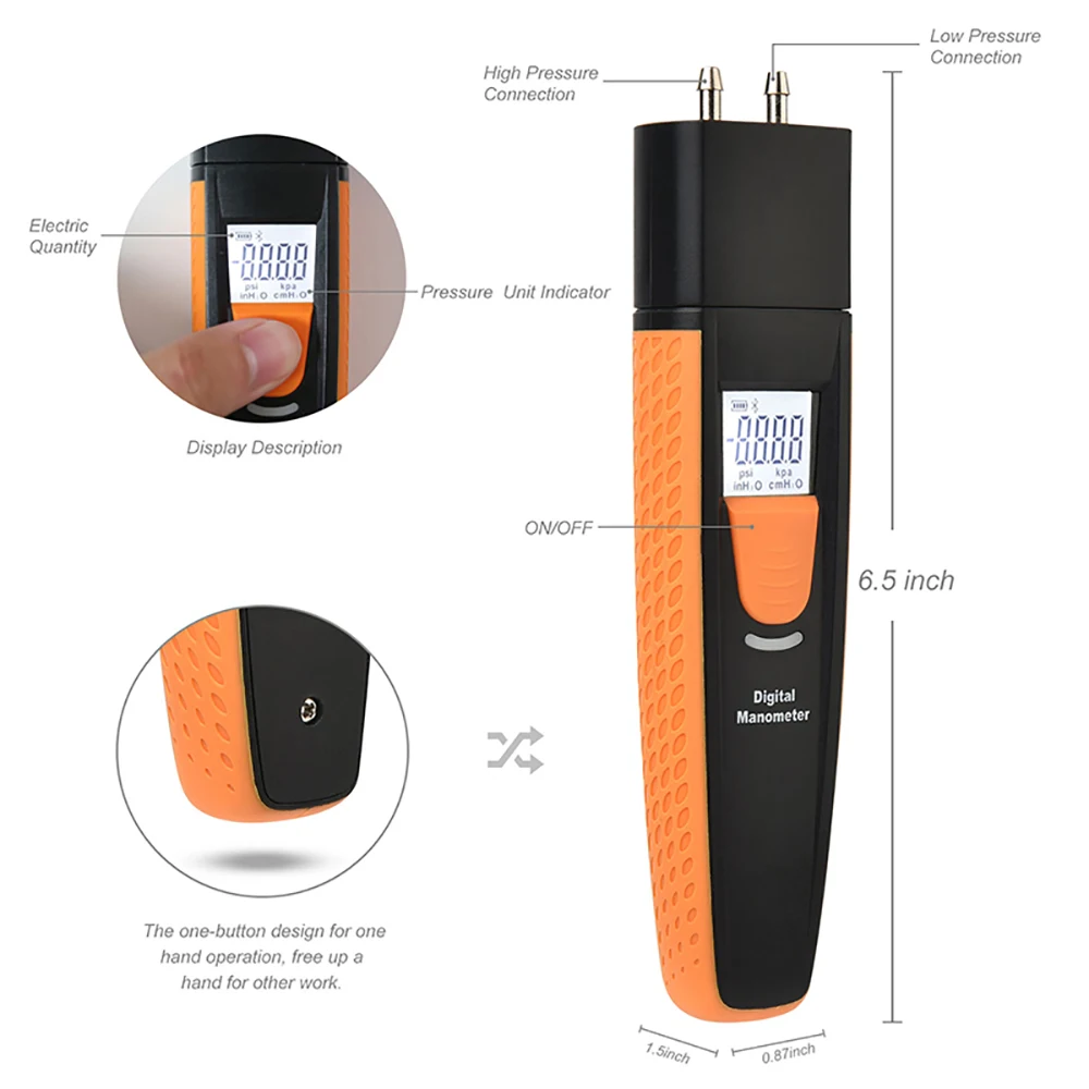 Digital Manometer Dual Port Air Pressure Meter Pressure Gauge HVAC Gas Tester Differential Pressure Manometer Bluetooth-compatib