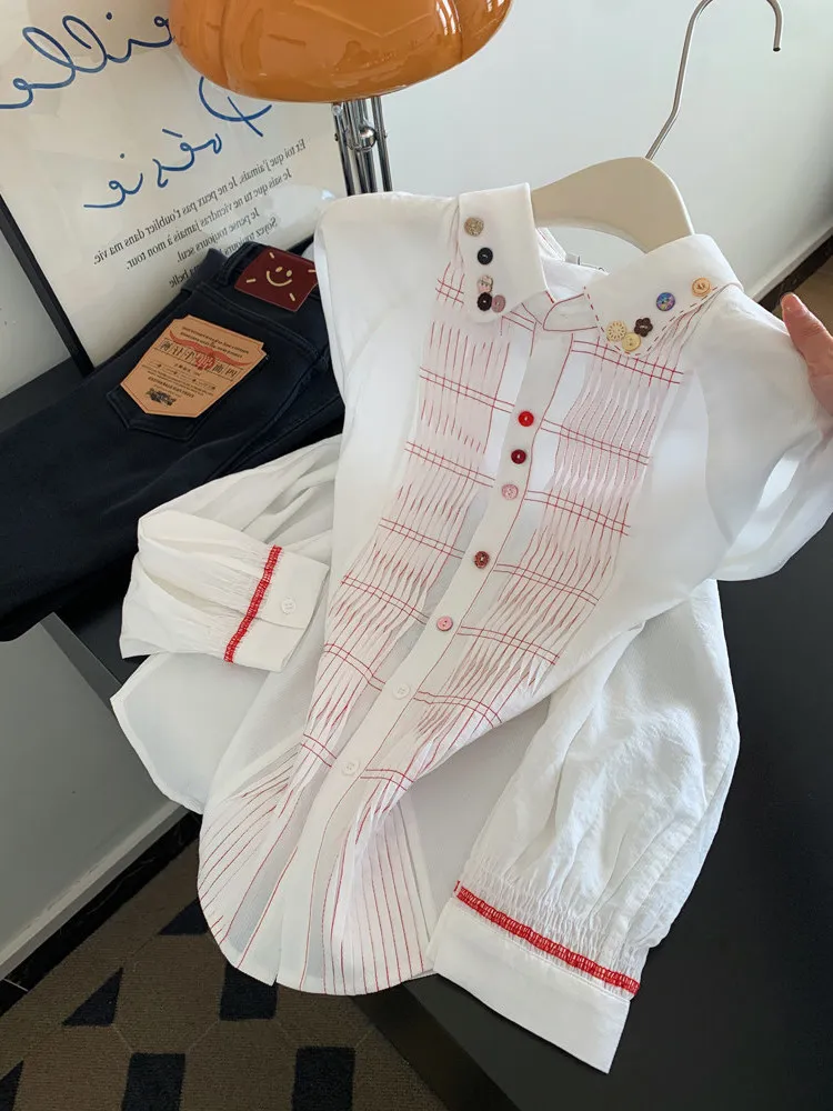 

Женская тонкая блузка с длинным рукавом и воротником, весна-осень, в корейском стиле, универсальная, для офиса, с эффектом омоложения, в стиле колор-блок