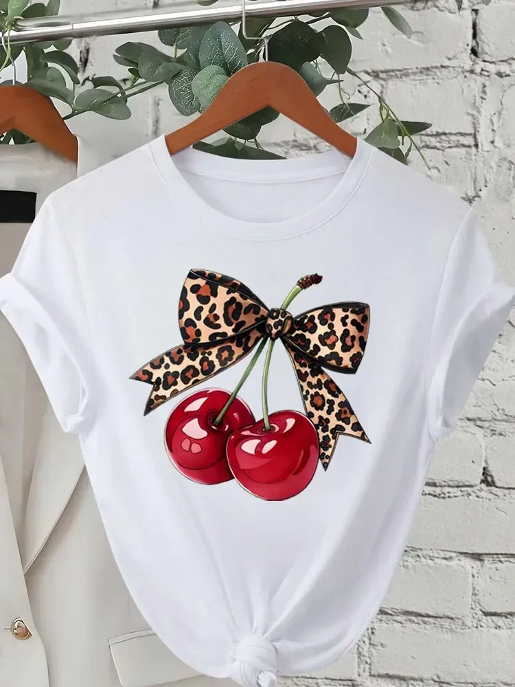 Fashion Cherry Print Women T-Shirt Short Sleeve Crew Neck Casual Tops for Summer Spring Women's Clothing Tops Tees Personality