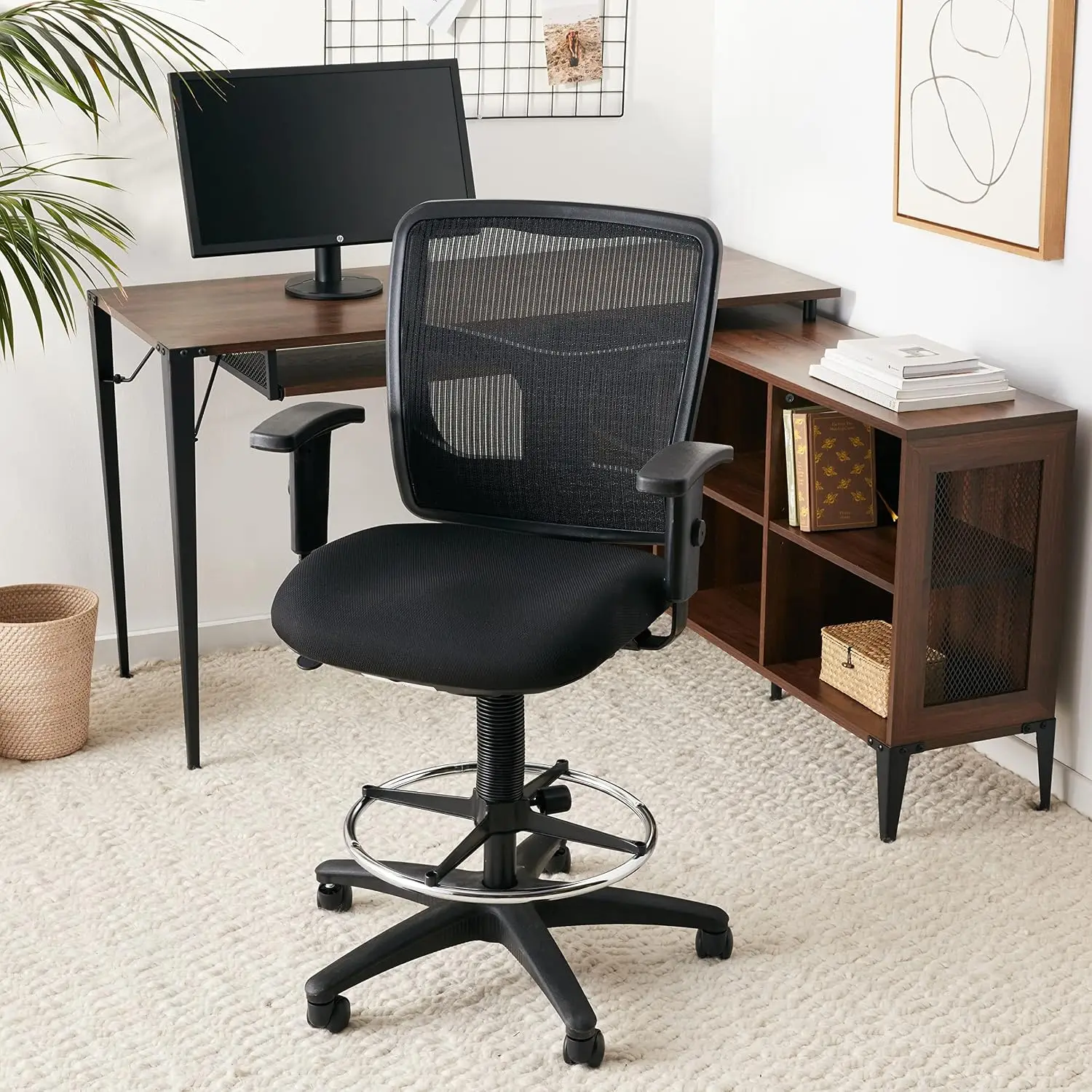 Ergonomic Mid-Back Mesh Office Stool with Fabric Cushion Seat, Adjustable Chrome Foot Ring & Arms, Workspace Comfort, Customized