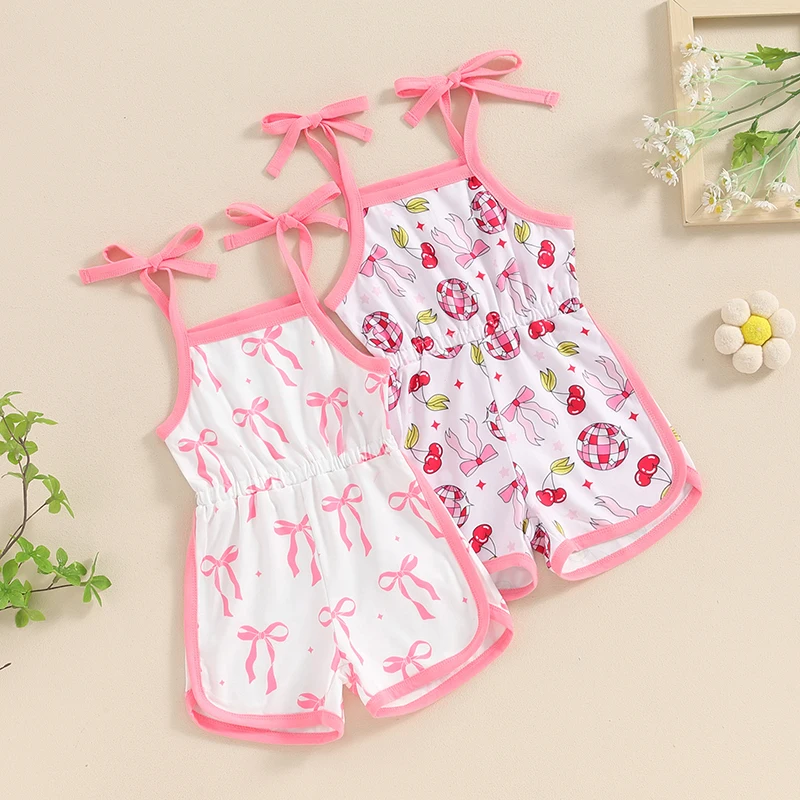 

Tregren Little Girls Overalls Kids Bow Print Square Neck Tie-Up Spaghetti Strap Shorts Jumpsuit Summer Toddler Infant Rompers