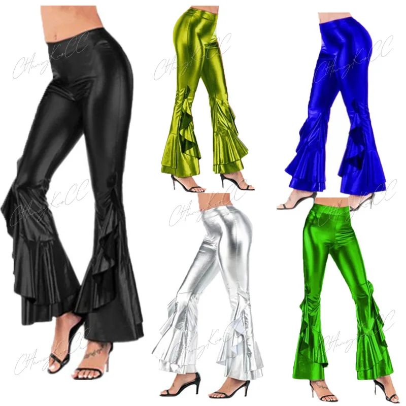 Sexy PU Leather Metallic Pants Shiny Holographic Flare Pants Women Girls Elastic Waist Bell Bottom Trousers Clubwear